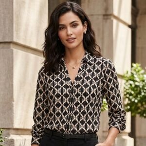 Black White Animal Print Blouse Express portofino  XS kissing dog print